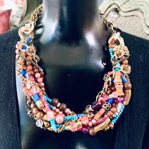 Multi Strand🩷SOLD🩷 BEADED CHUNKY STATEMENT NECKLACE SEQUIN ⭐️ NWT WOOD GLASS - Picture 13 of 14